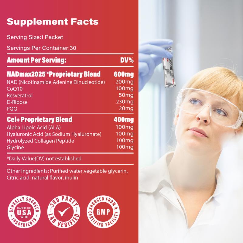 ZOOONE 1000mg NAD+ Berry Flavor Drink Mix for Skin Aging Support, Energy, and Focus - 30 Pack -