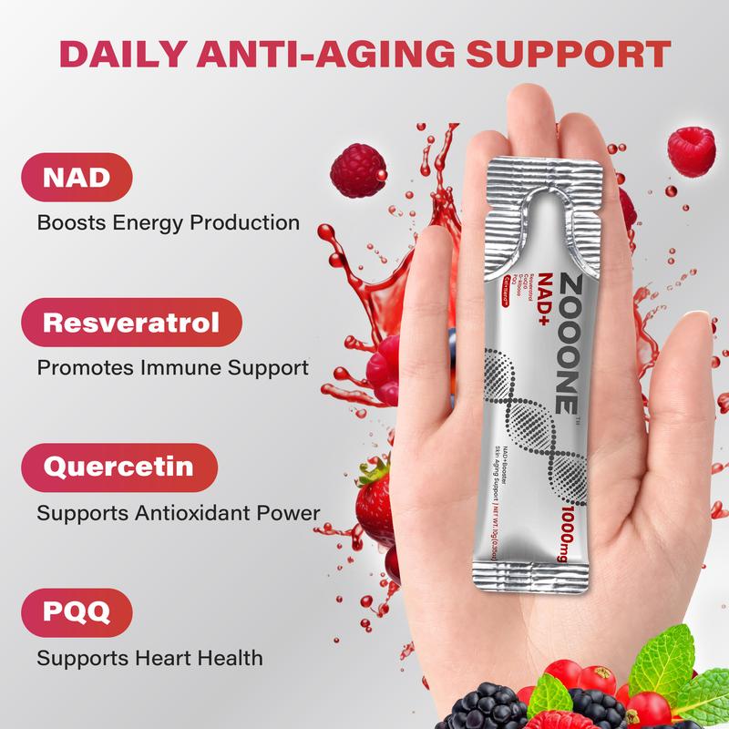 ZOOONE 1000mg NAD+ Berry Flavor Drink Mix for Skin Aging Support, Energy, and Focus - 30 Pack -